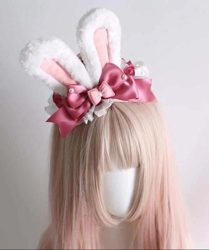 Xiaogui - Sweet Lolita Headdress Pink White Bunny Ear Hair Accessory - Image 2