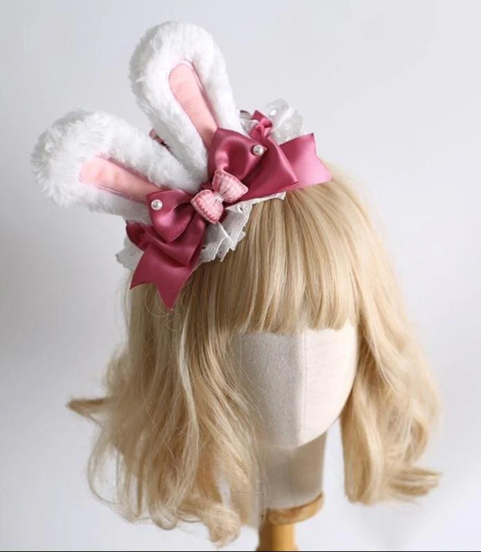 Xiaogui - Sweet Lolita Headdress Pink White Bunny Ear Hair Accessory - Image 6