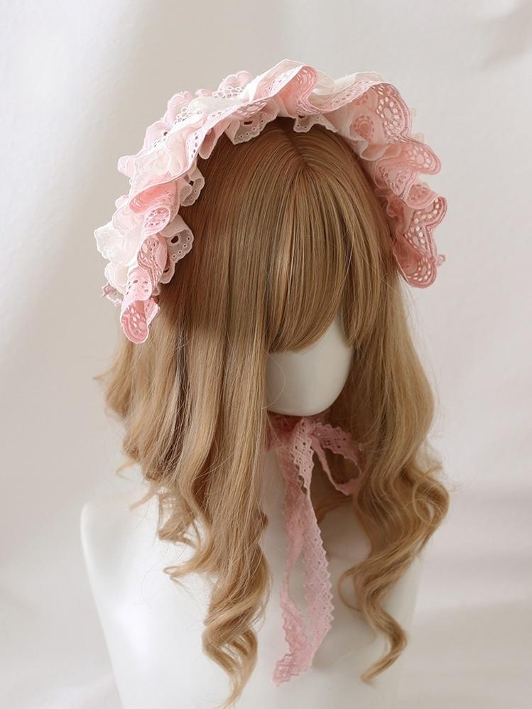 Xiaogui - Sweet Lolita Headdress Pink & White Lace Hairband - Image 14