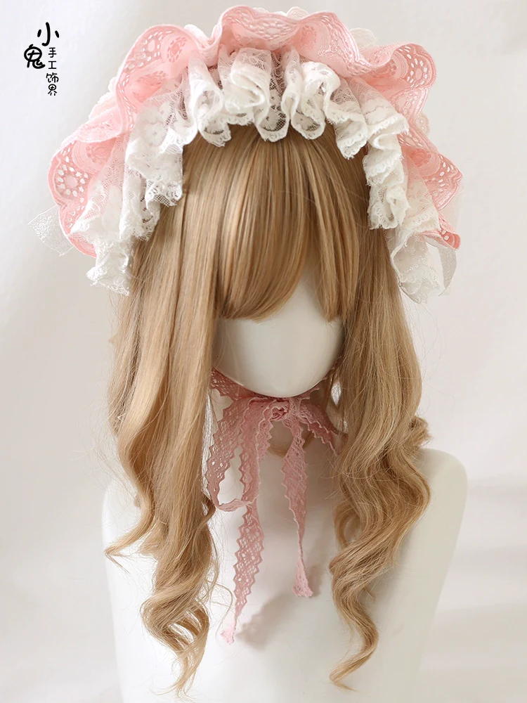 Xiaogui - Sweet Lolita Headdress Pink & White Lace Hairband - Image 15