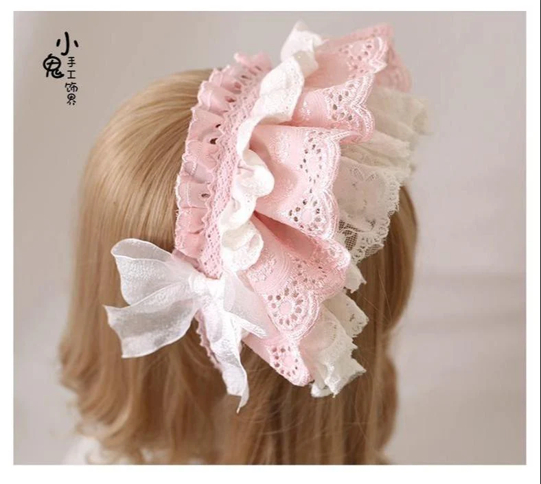Xiaogui - Sweet Lolita Headdress Pink & White Lace Hairband - Image 17