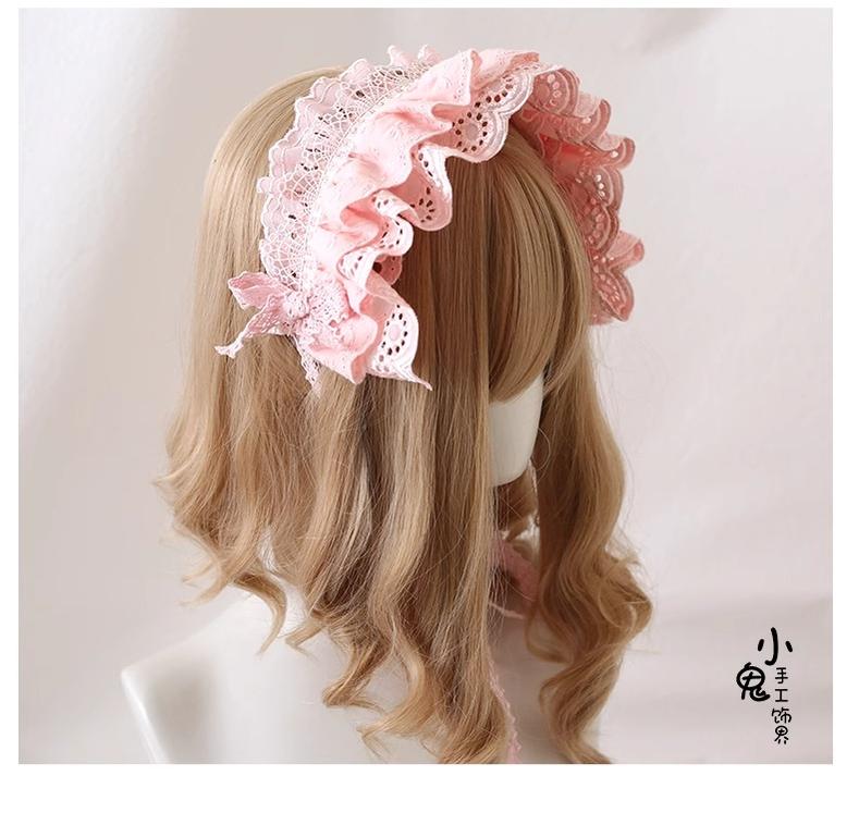 Xiaogui - Sweet Lolita Headdress Pink & White Lace Hairband - Image 5