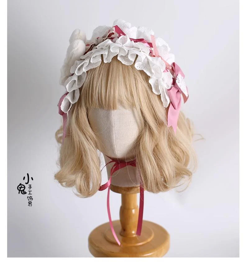 Xiaogui - Sweet Lolita Headdress Pink White Top Hat and Hairband - Image 11