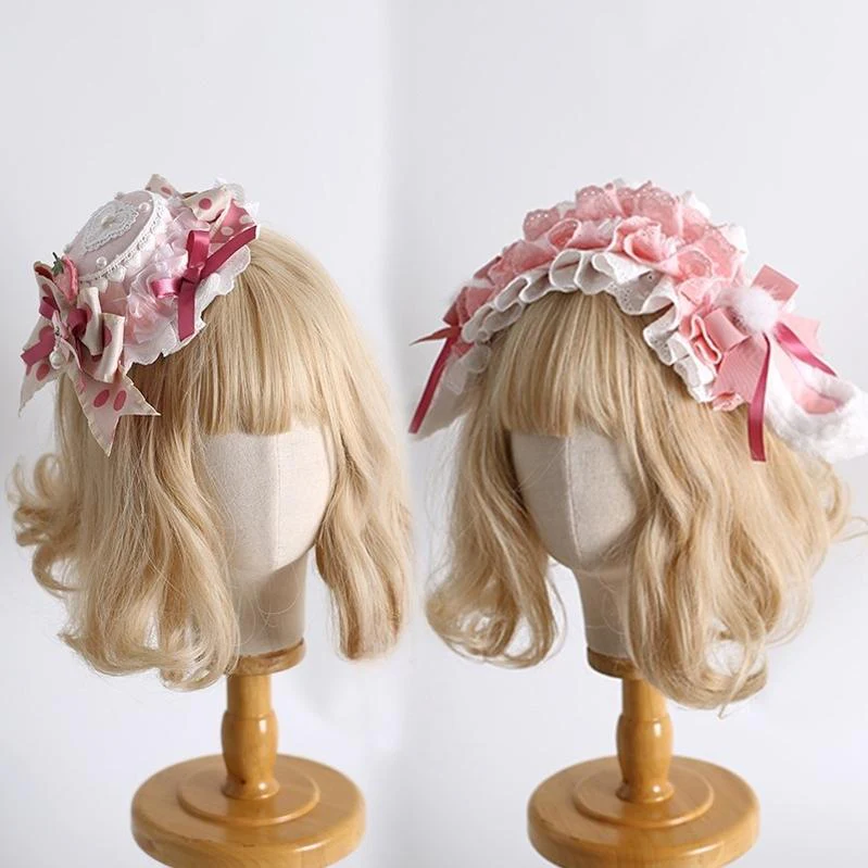 Xiaogui - Sweet Lolita Headdress Pink White Top Hat and Hairband - Image 2