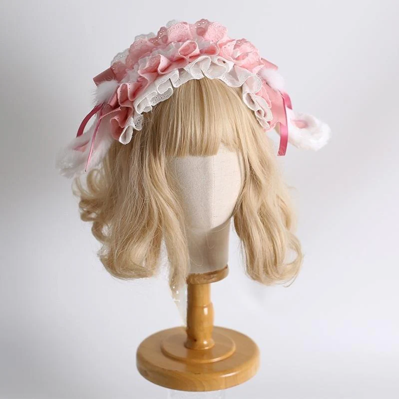 Xiaogui - Sweet Lolita Headdress Pink White Top Hat and Hairband - Image 4
