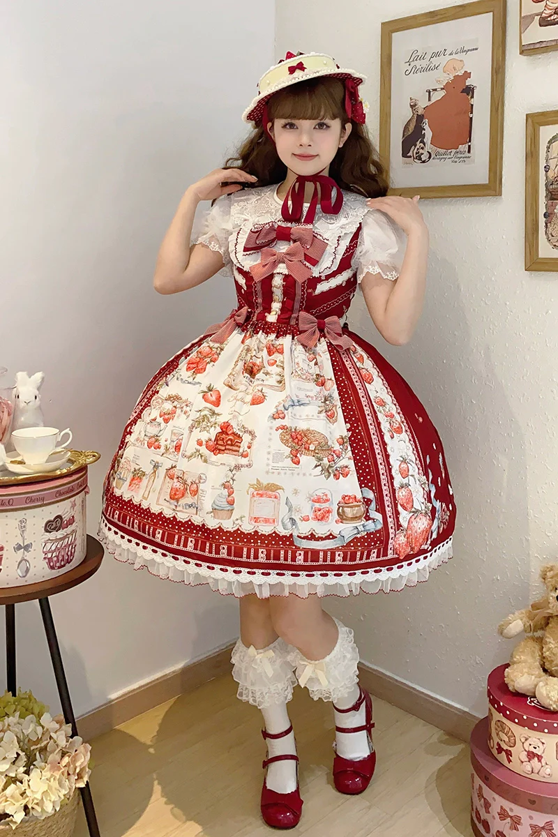 Strawberry Manor - Sweet Lolita JSK Dress, Strawberry Print