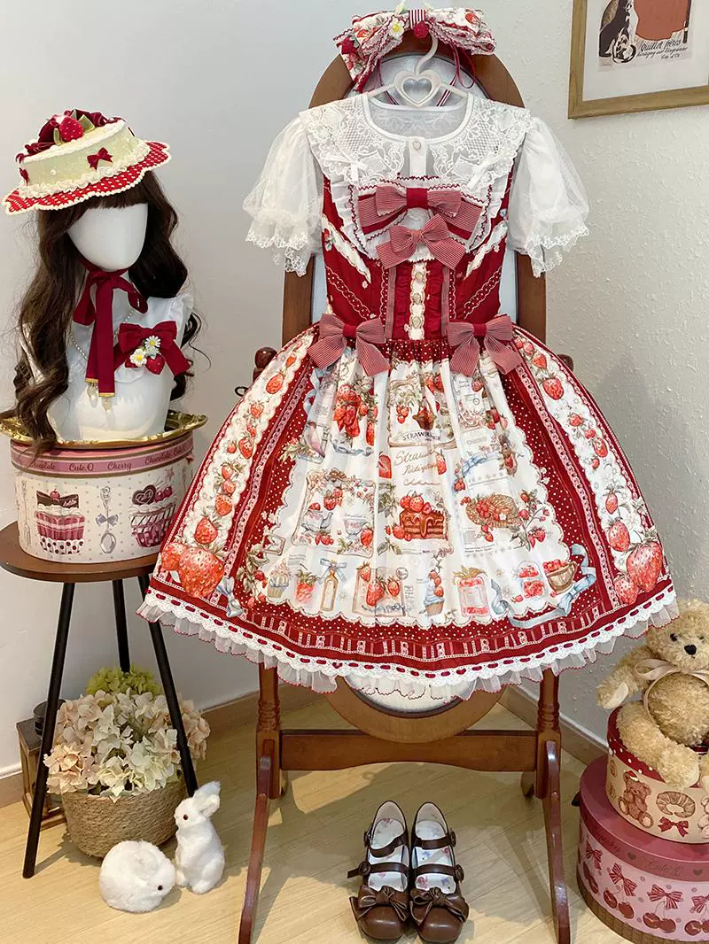 Strawberry Manor - Sweet Lolita JSK Dress, Strawberry Print - Image 16