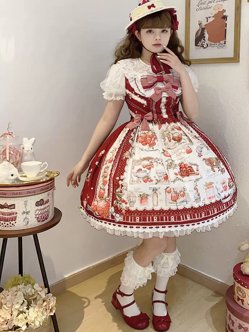Strawberry Manor - Sweet Lolita JSK Dress, Strawberry Print - Image 8