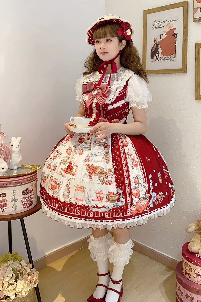 Strawberry Manor - Sweet Lolita JSK Dress, Strawberry Print - Image 9