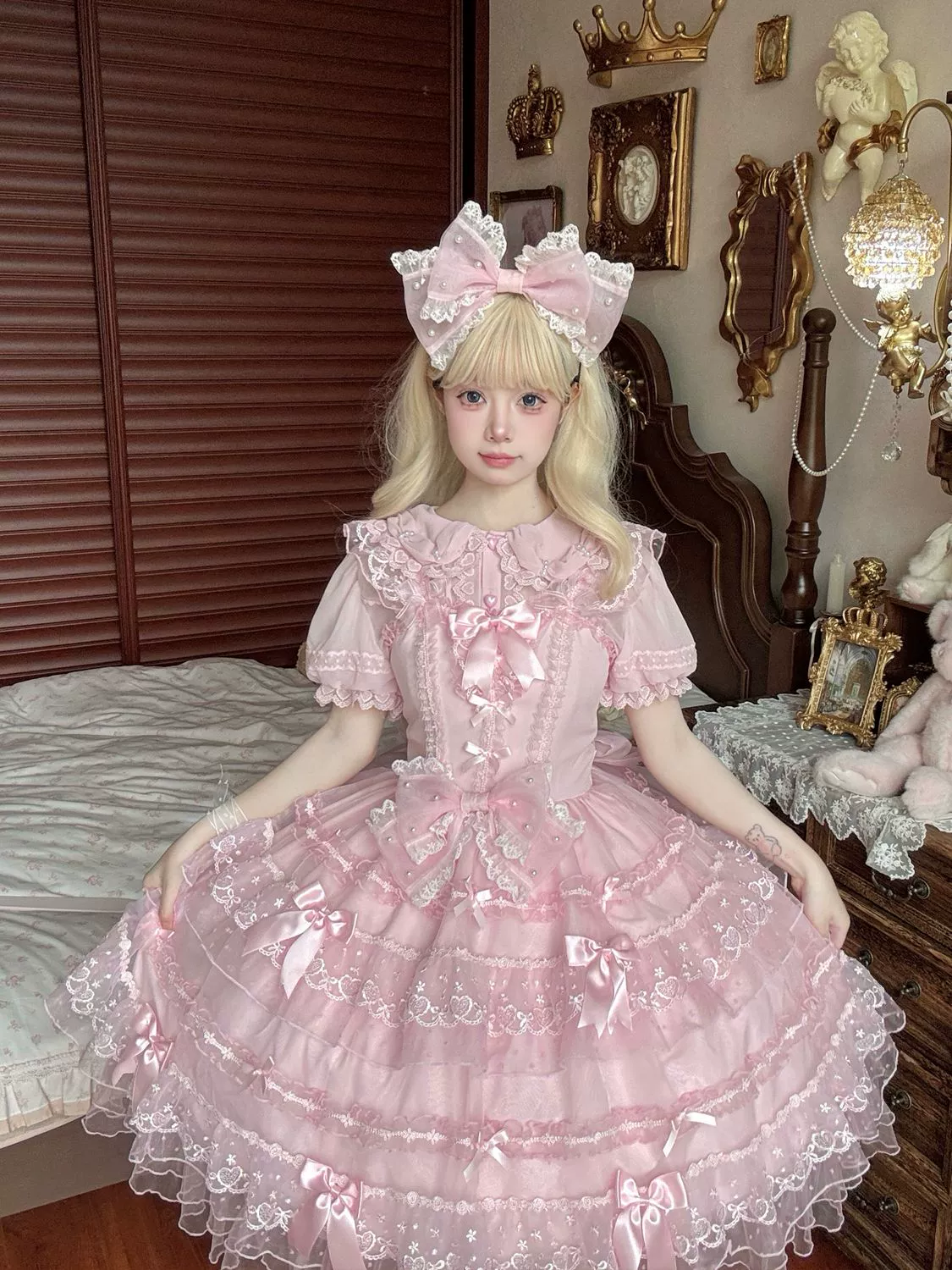 Hanguliang - Fudie Heart - Sweet Lolita JSK Dress With Tiered Skirt and Bow Trailing - Image 4