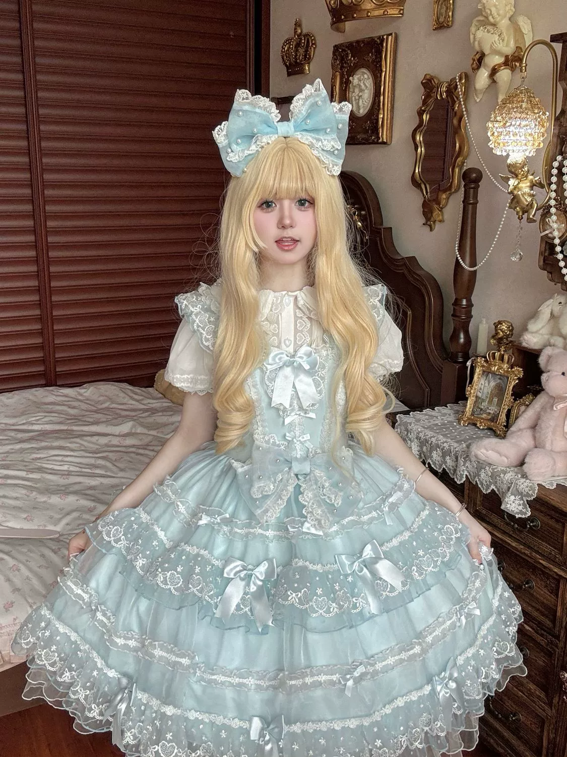 Hanguliang - Fudie Heart - Sweet Lolita JSK Dress With Tiered Skirt and Bow Trailing - Image 5