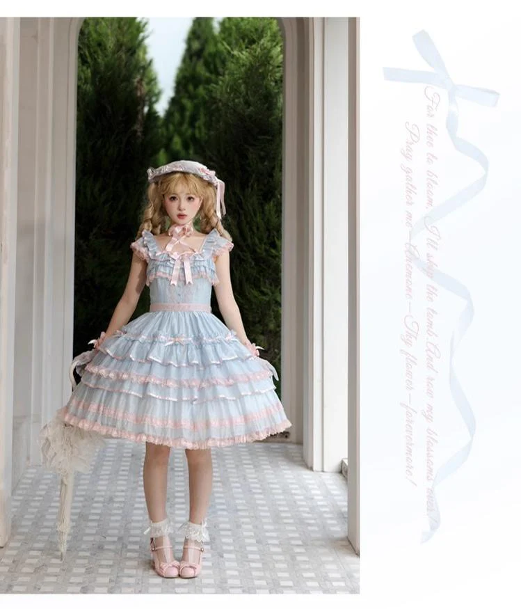 Summer Evening Banquet - Sweet Lolita JSK with Tiered Ruffle Design and Hat - Image 11