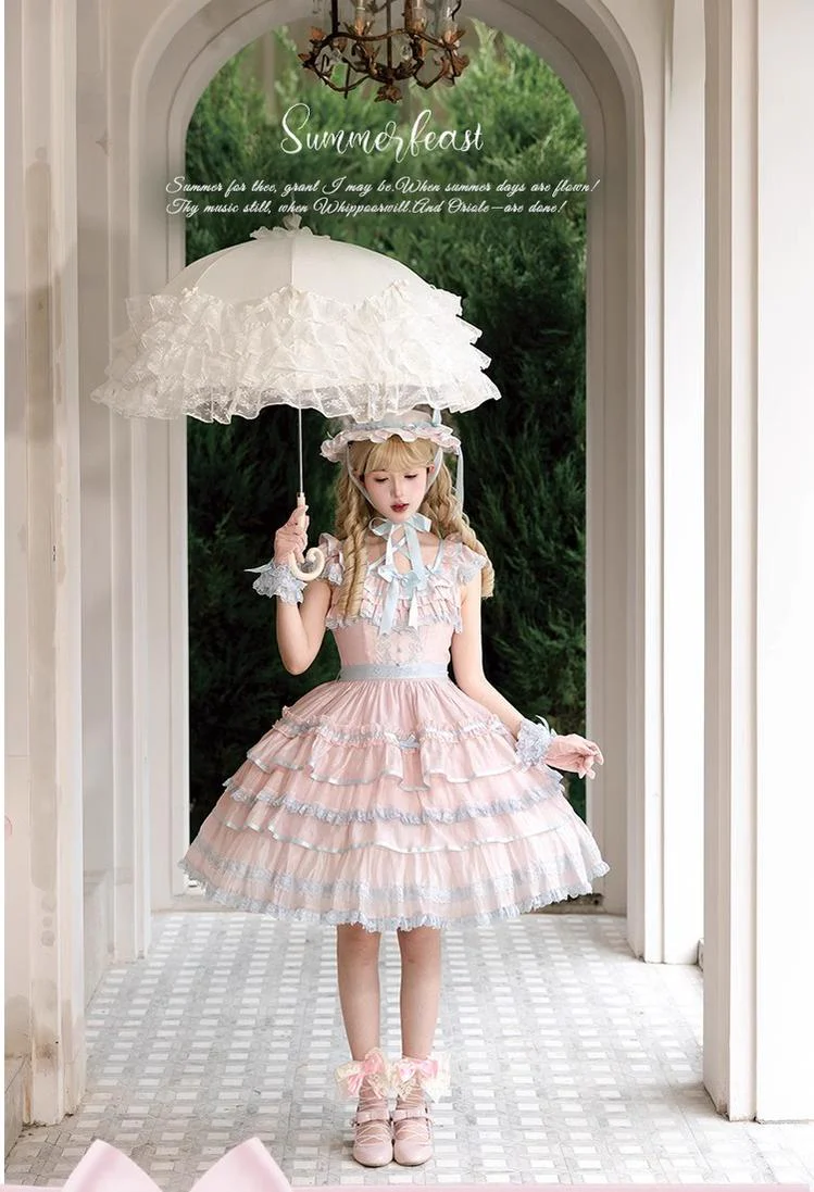 Summer Evening Banquet - Sweet Lolita JSK with Tiered Ruffle Design and Hat - Image 14