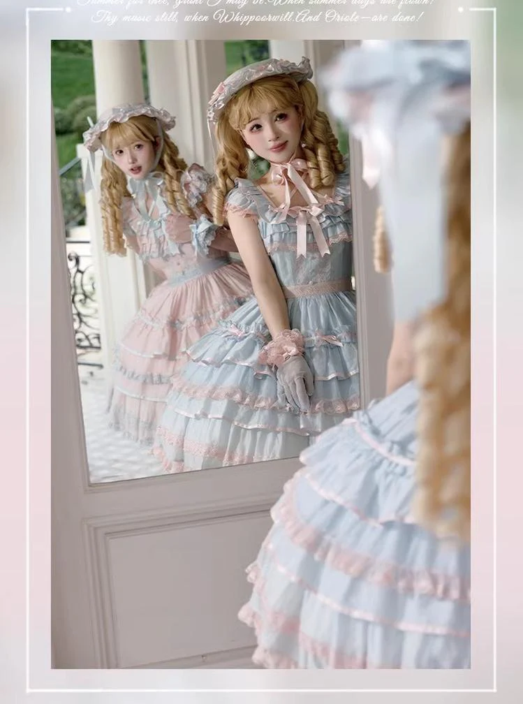 Summer Evening Banquet - Sweet Lolita JSK with Tiered Ruffle Design and Hat - Image 9