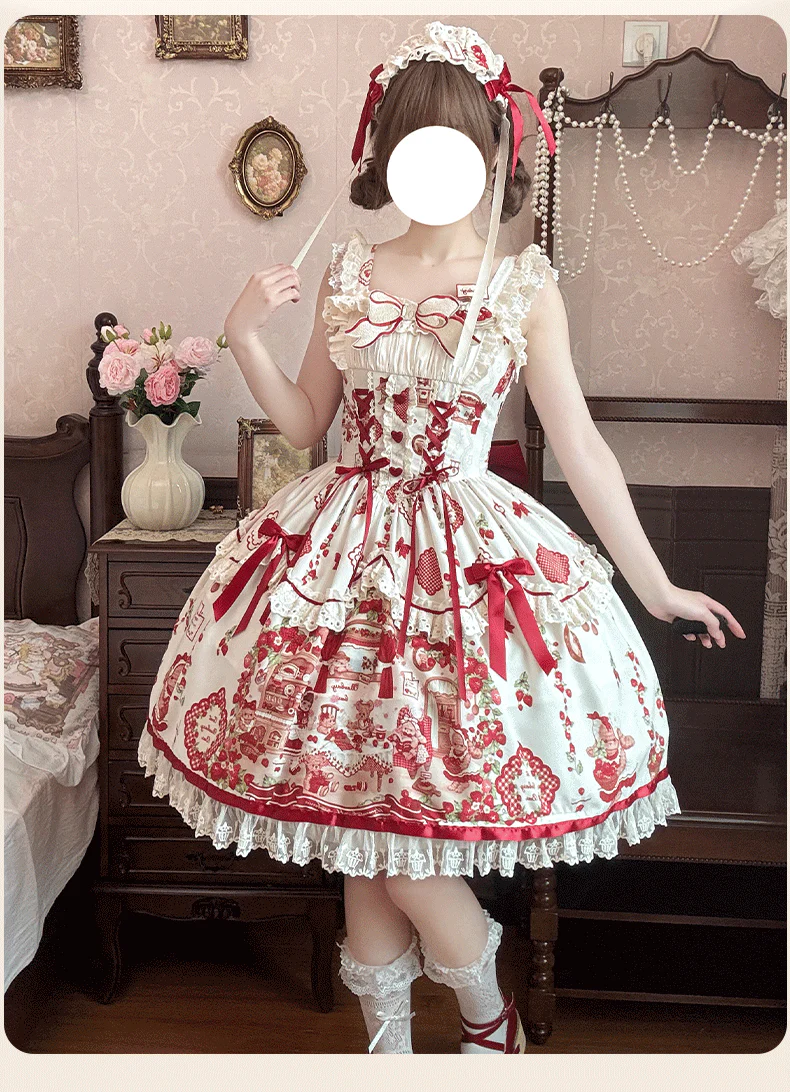 Strawberry Bear - Sweet Lolita Jumper Dress, Strawberry Bear Prints