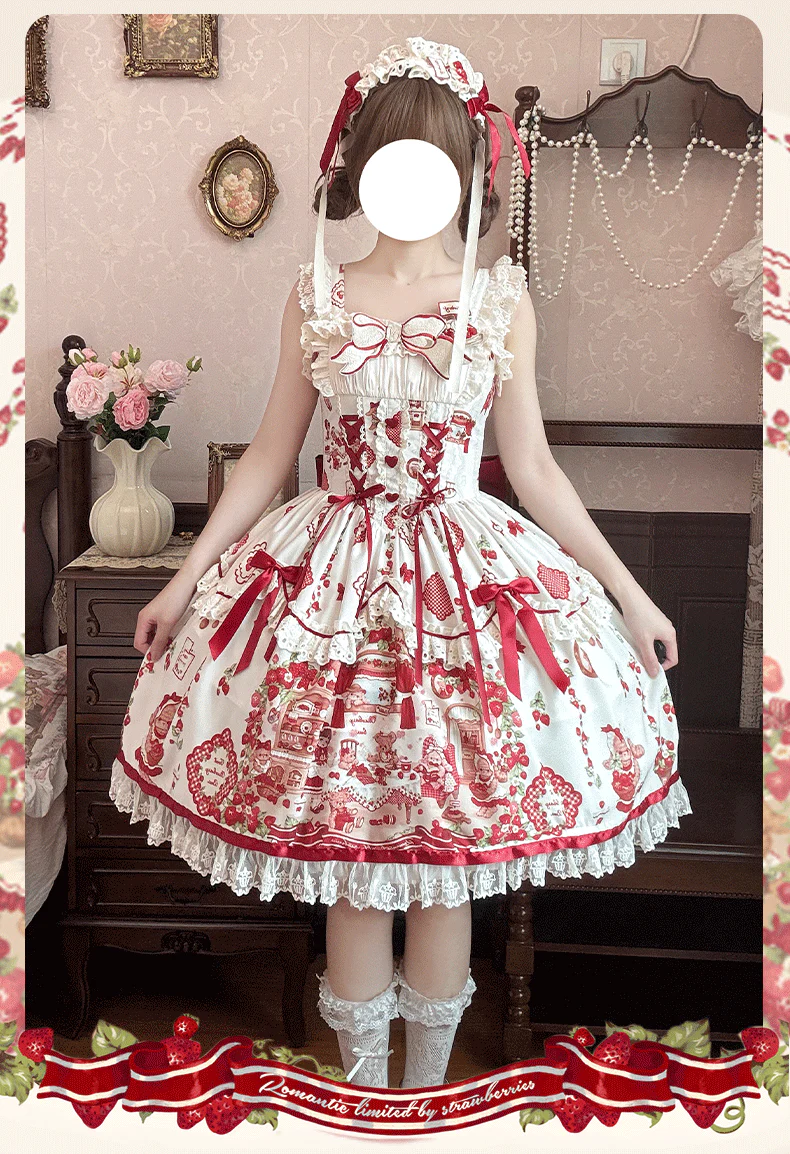 Strawberry Bear - Sweet Lolita Jumper Dress, Strawberry Bear Prints - Image 2