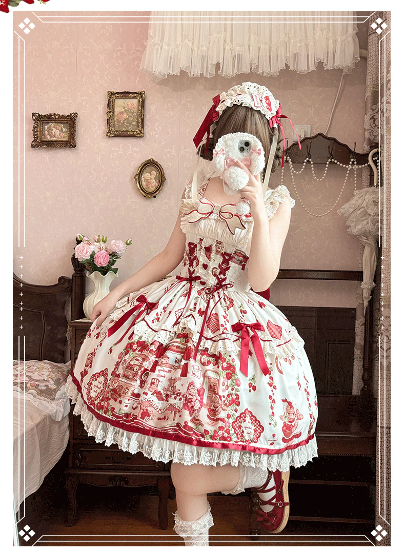 Strawberry Bear - Sweet Lolita Jumper Dress, Strawberry Bear Prints - Image 4