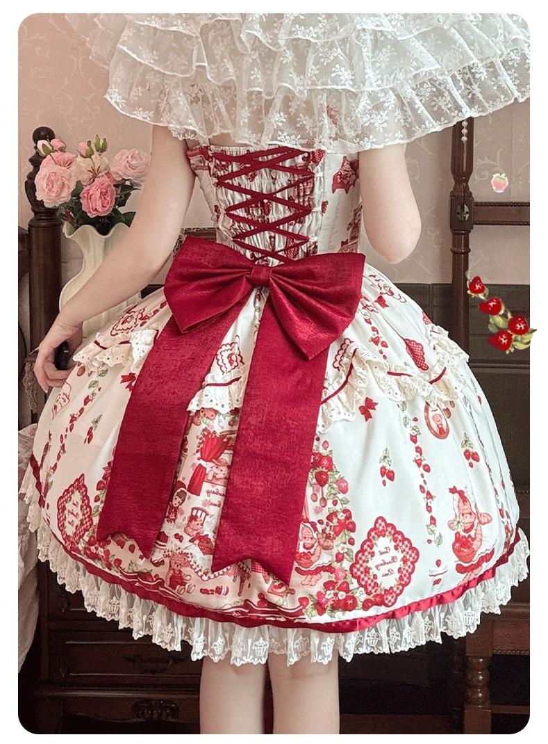 Strawberry Bear - Sweet Lolita Jumper Dress, Strawberry Bear Prints - Image 5