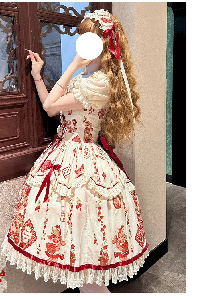 Strawberry Bear - Sweet Lolita Jumper Dress, Strawberry Bear Prints - Image 7