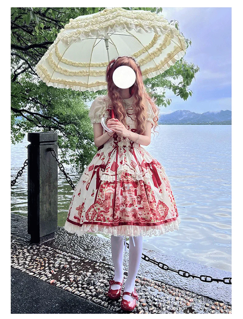 Strawberry Bear - Sweet Lolita Jumper Dress, Strawberry Bear Prints - Image 8