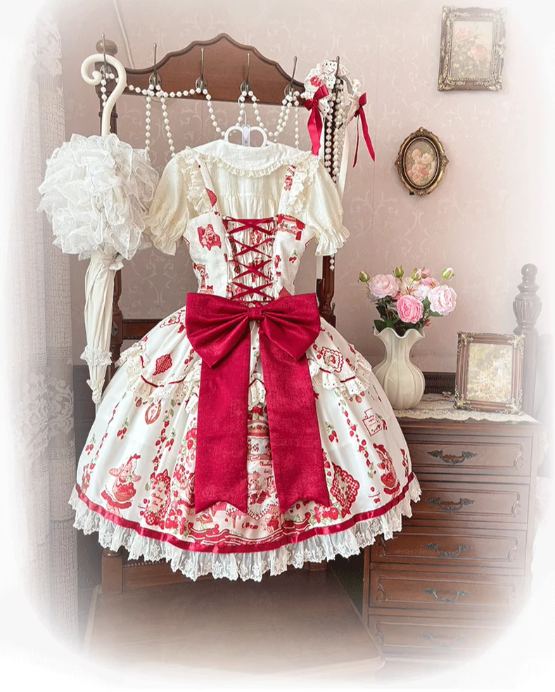 Strawberry Bear - Sweet Lolita Jumper Dress, Strawberry Bear Prints - Image 9