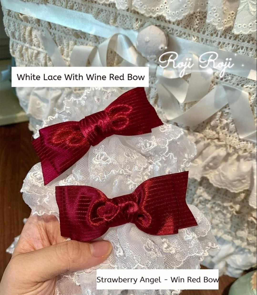 Roji Roji - Sweet Lolita Lace Bow Cuffs, Elastic Wrist - Image 5