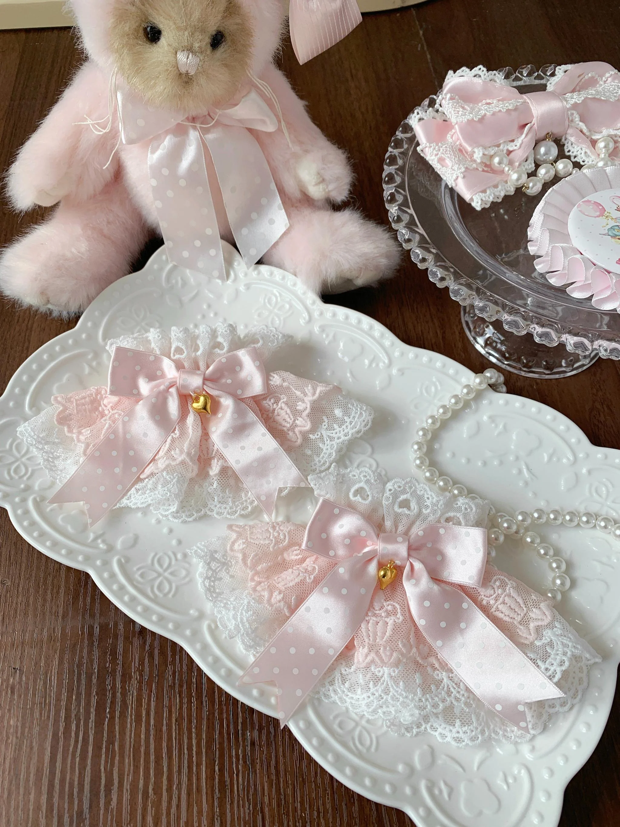 Sweet Lolita Lace Cuffs, Polka Dot Bow - Image 2