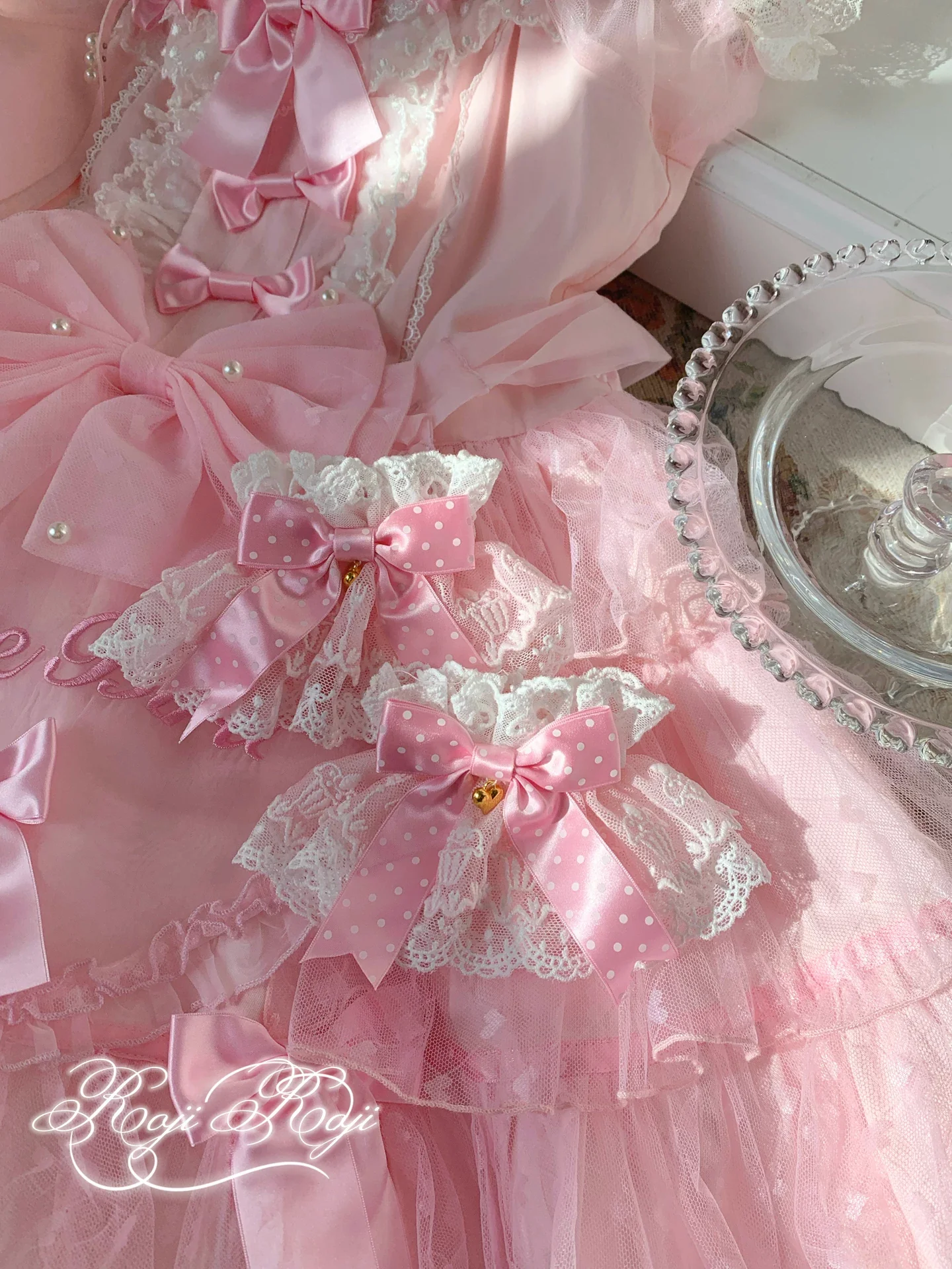 Sweet Lolita Lace Cuffs, Polka Dot Bow - Image 6
