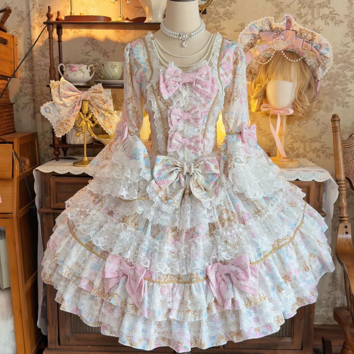 Hanguliang - Candlelight Sonata - Sweet Lolita Long Sleeve OP, Tiered Ruffles - Image 5