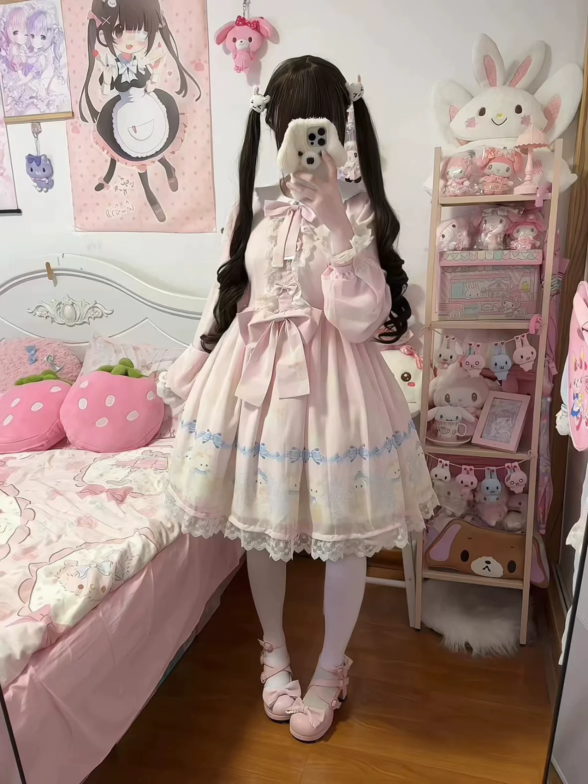Strawberry Cake - Snow Bunny Symphony - Sweet Lolita OP Dress, Bunny & Snow Print - Image 2