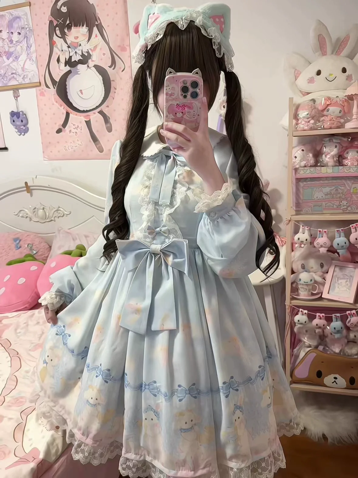 Strawberry Cake - Snow Bunny Symphony - Sweet Lolita OP Dress, Bunny & Snow Print - Image 3