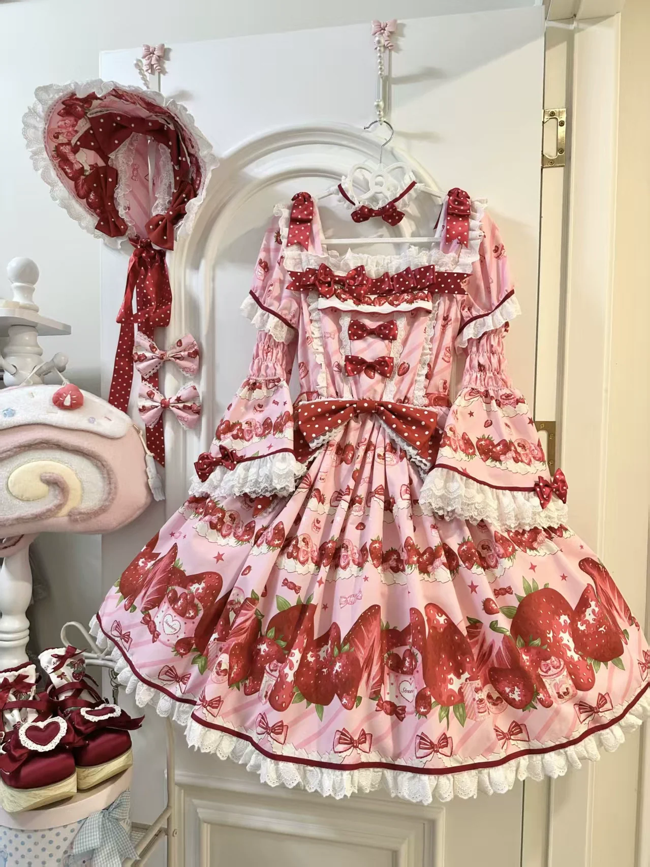 Peach Bunny - Strawberry Box - Sweet Lolita OP Dress, Strawberry Print - Image 11