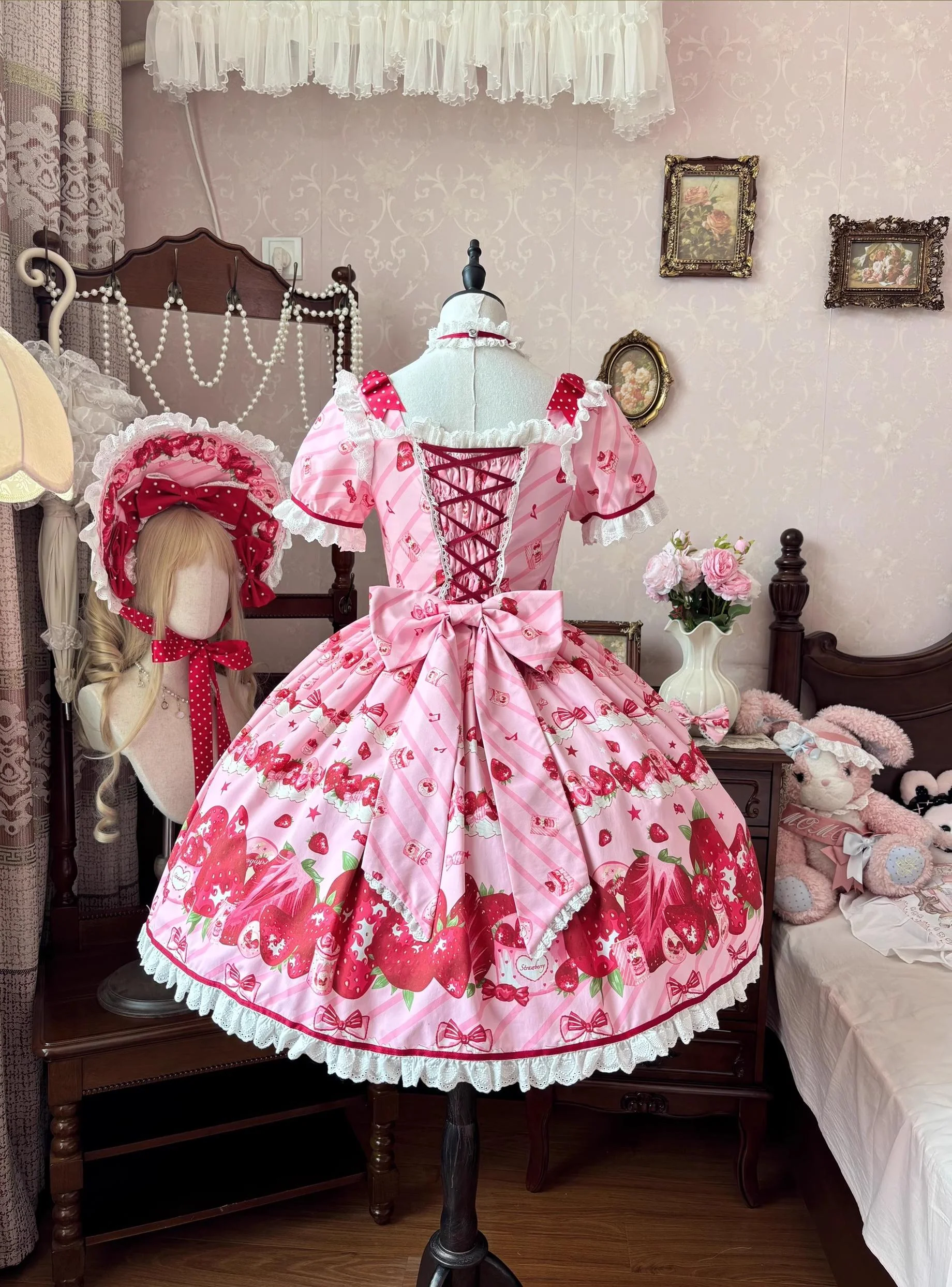 Peach Bunny - Strawberry Box - Sweet Lolita OP Dress, Strawberry Print - Image 2