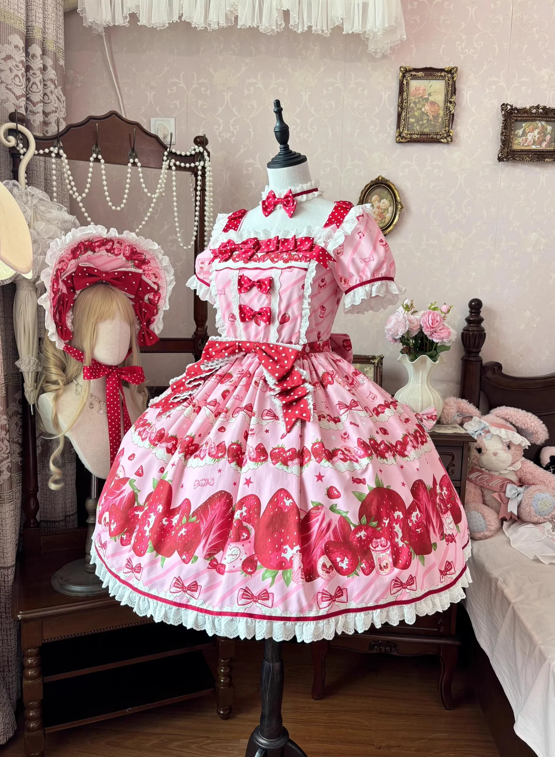 Peach Bunny - Strawberry Box - Sweet Lolita OP Dress, Strawberry Print - Image 3