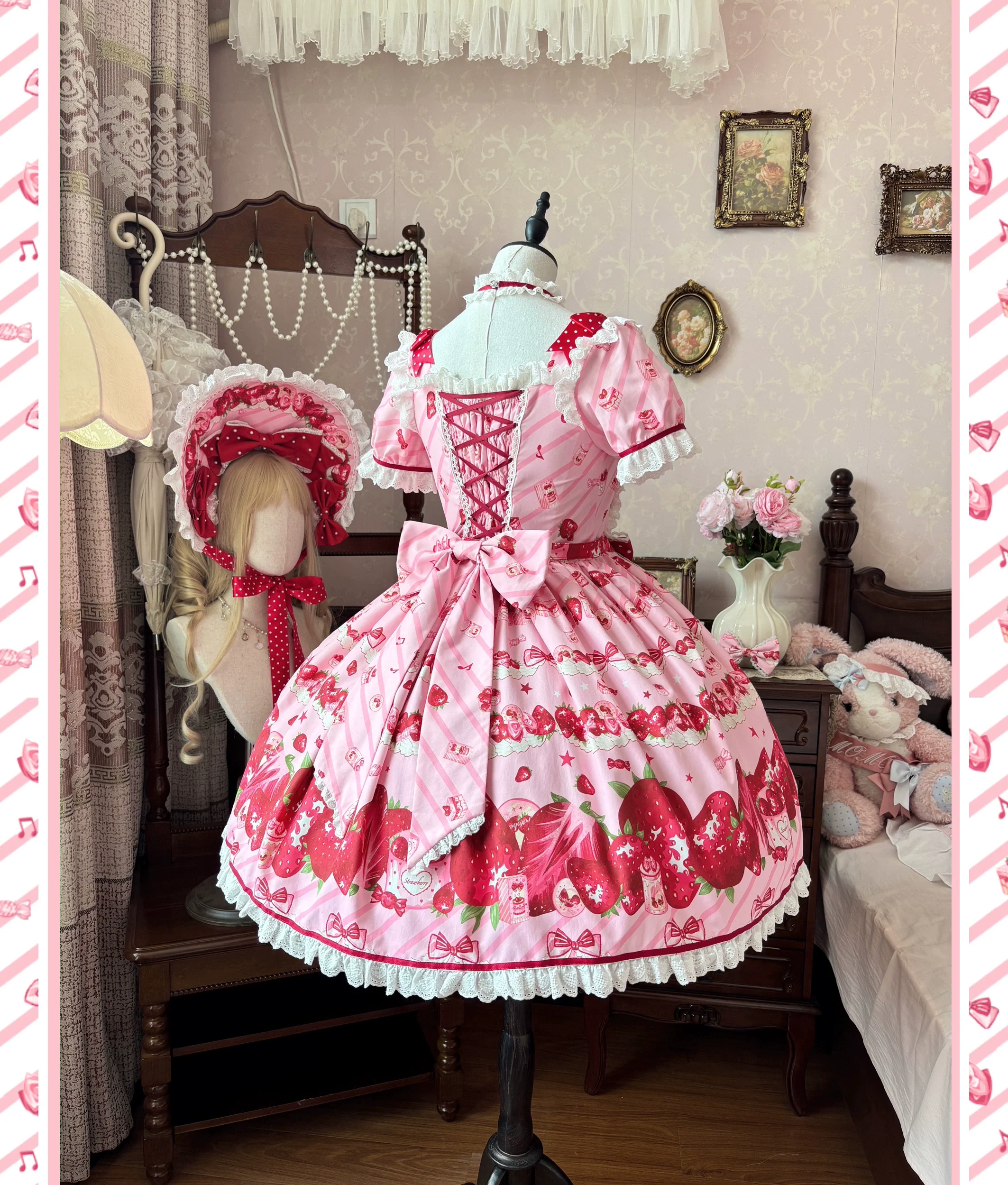 Peach Bunny - Strawberry Box - Sweet Lolita OP Dress, Strawberry Print - Image 4