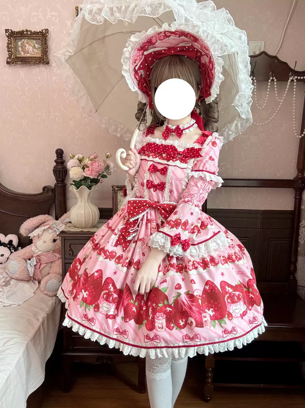 Peach Bunny - Strawberry Box - Sweet Lolita OP Dress, Strawberry Print - Image 8