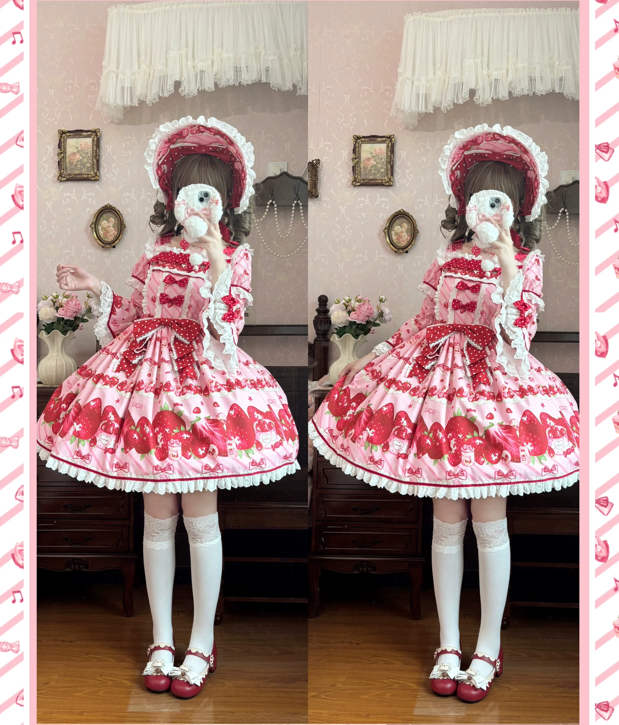 Peach Bunny - Strawberry Box - Sweet Lolita OP Dress, Strawberry Print - Image 9