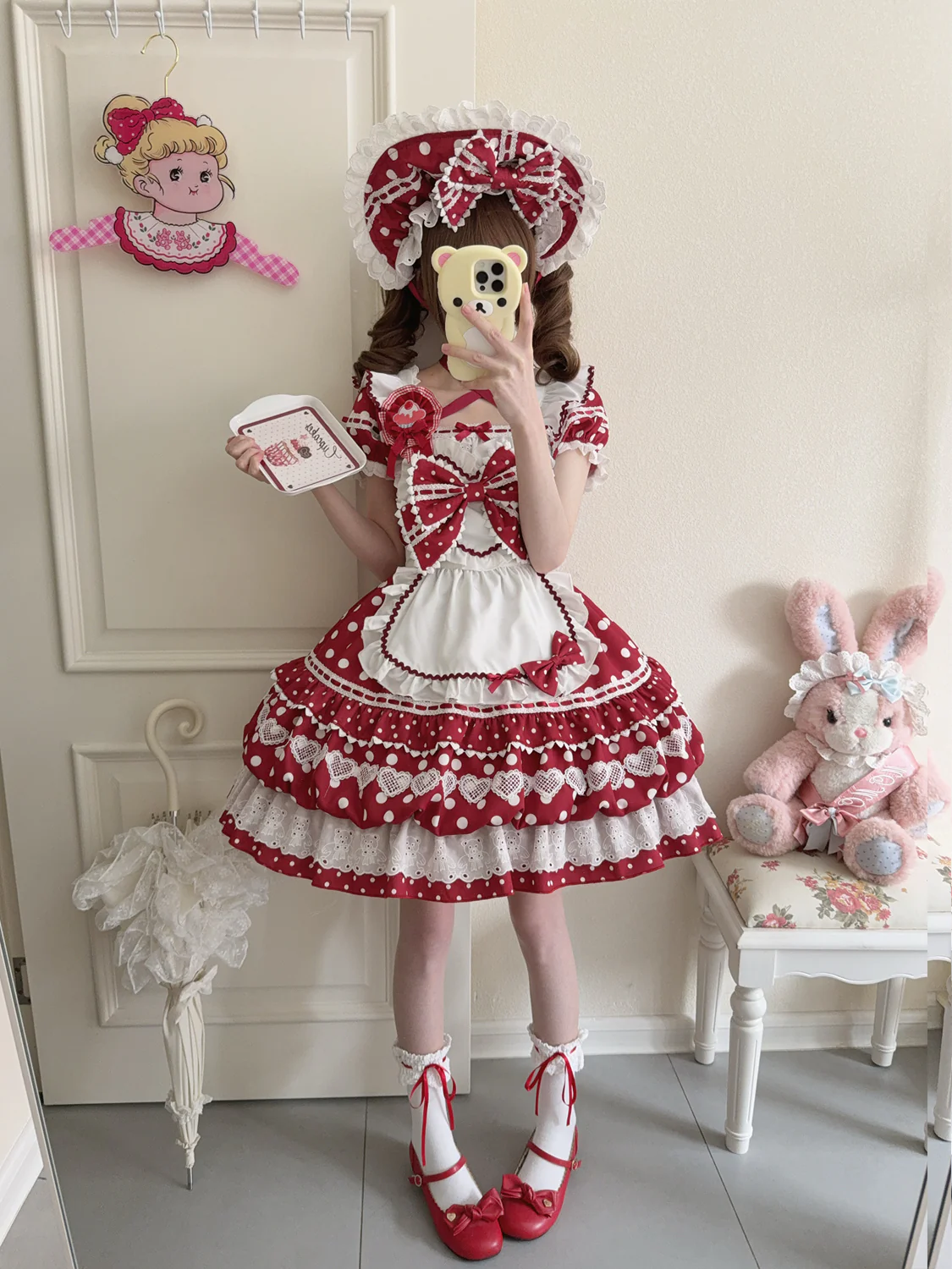 Hanguliang - Berry Bubble - Sweet Lolita OP Suit Tiered Ruffles Skirt with Polka Dots - Image 4