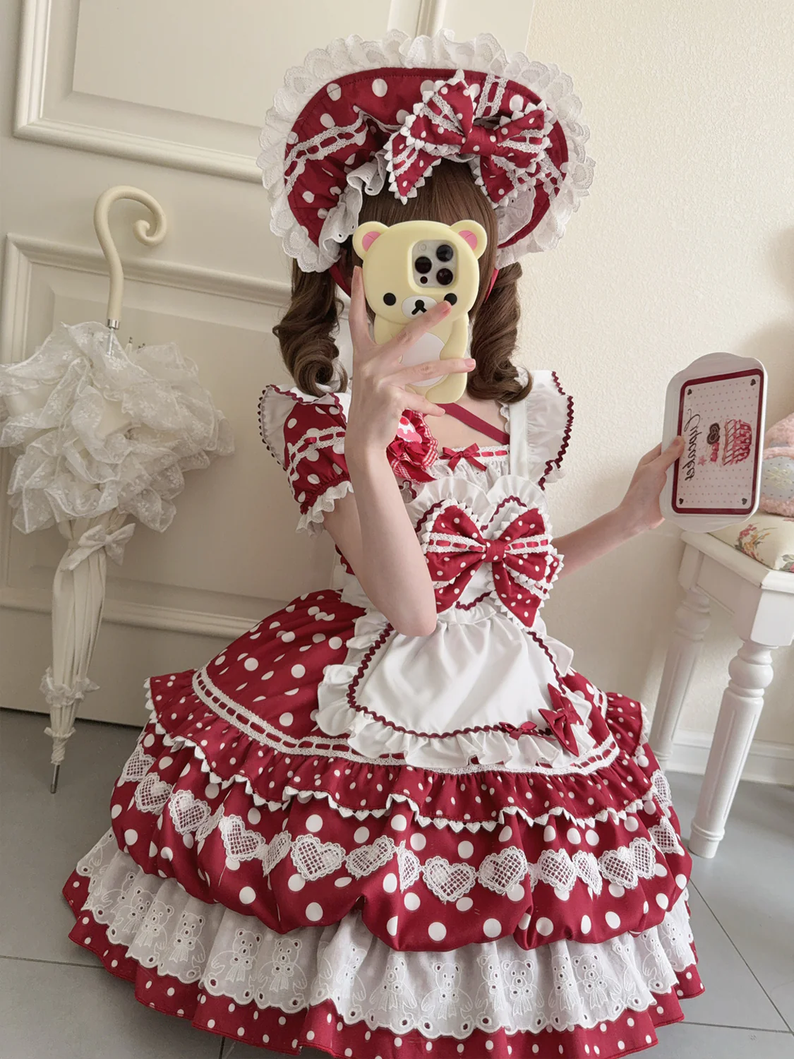 Hanguliang - Berry Bubble - Sweet Lolita OP Suit Tiered Ruffles Skirt with Polka Dots - Image 5