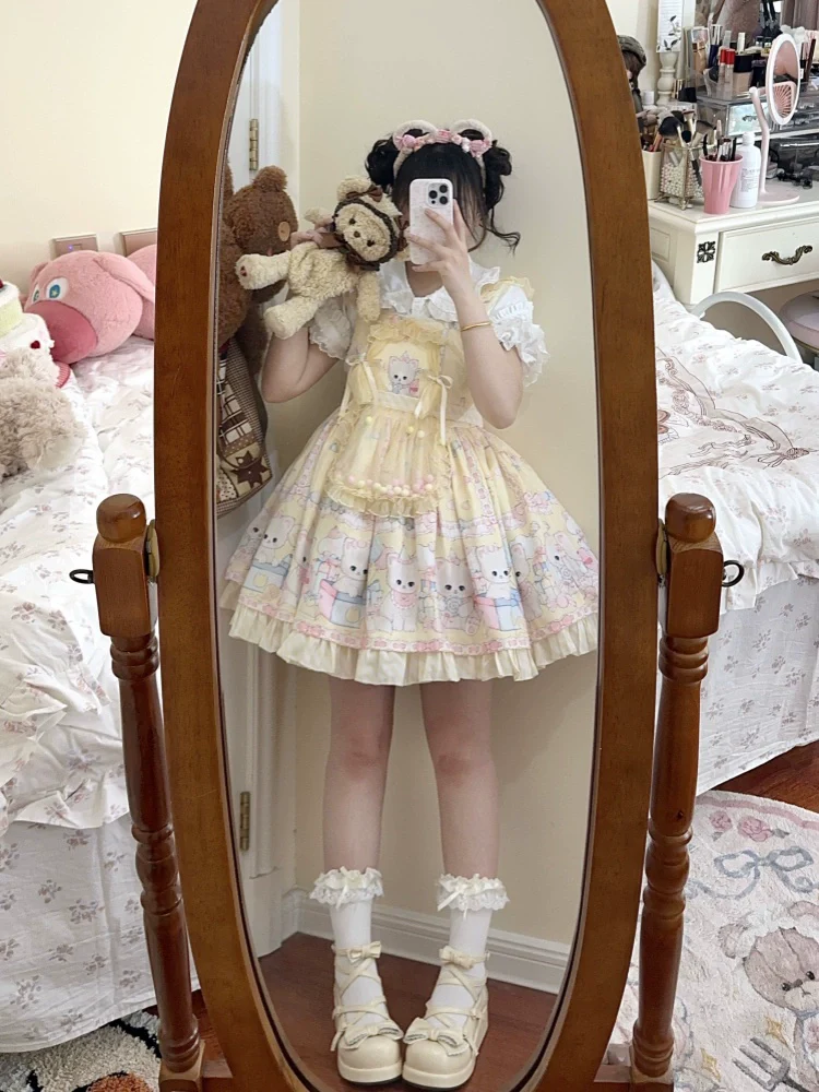 Suiyi - Meow Pompom - Sweet Lolita Salopette Dress Suit, Cat Print - Image 10