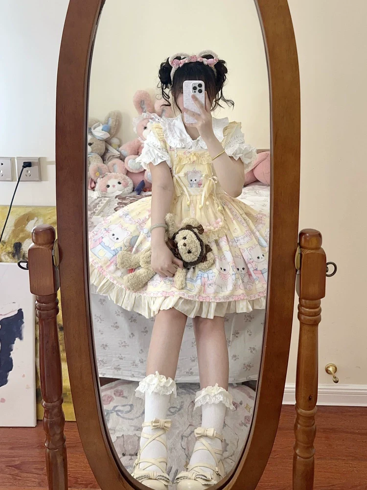 Suiyi - Meow Pompom - Sweet Lolita Salopette Dress Suit, Cat Print - Image 11