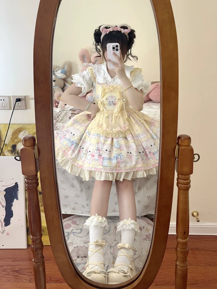 Suiyi - Meow Pompom - Sweet Lolita Salopette Dress Suit, Cat Print - Image 12