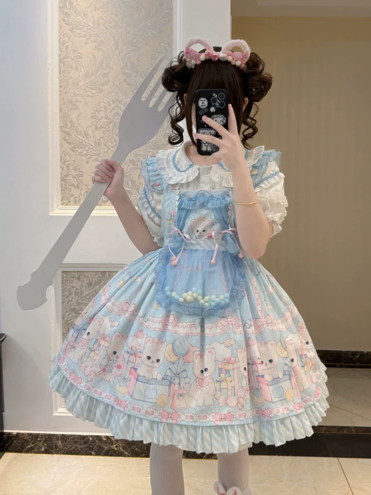Suiyi - Meow Pompom - Sweet Lolita Salopette Dress Suit, Cat Print - Image 13