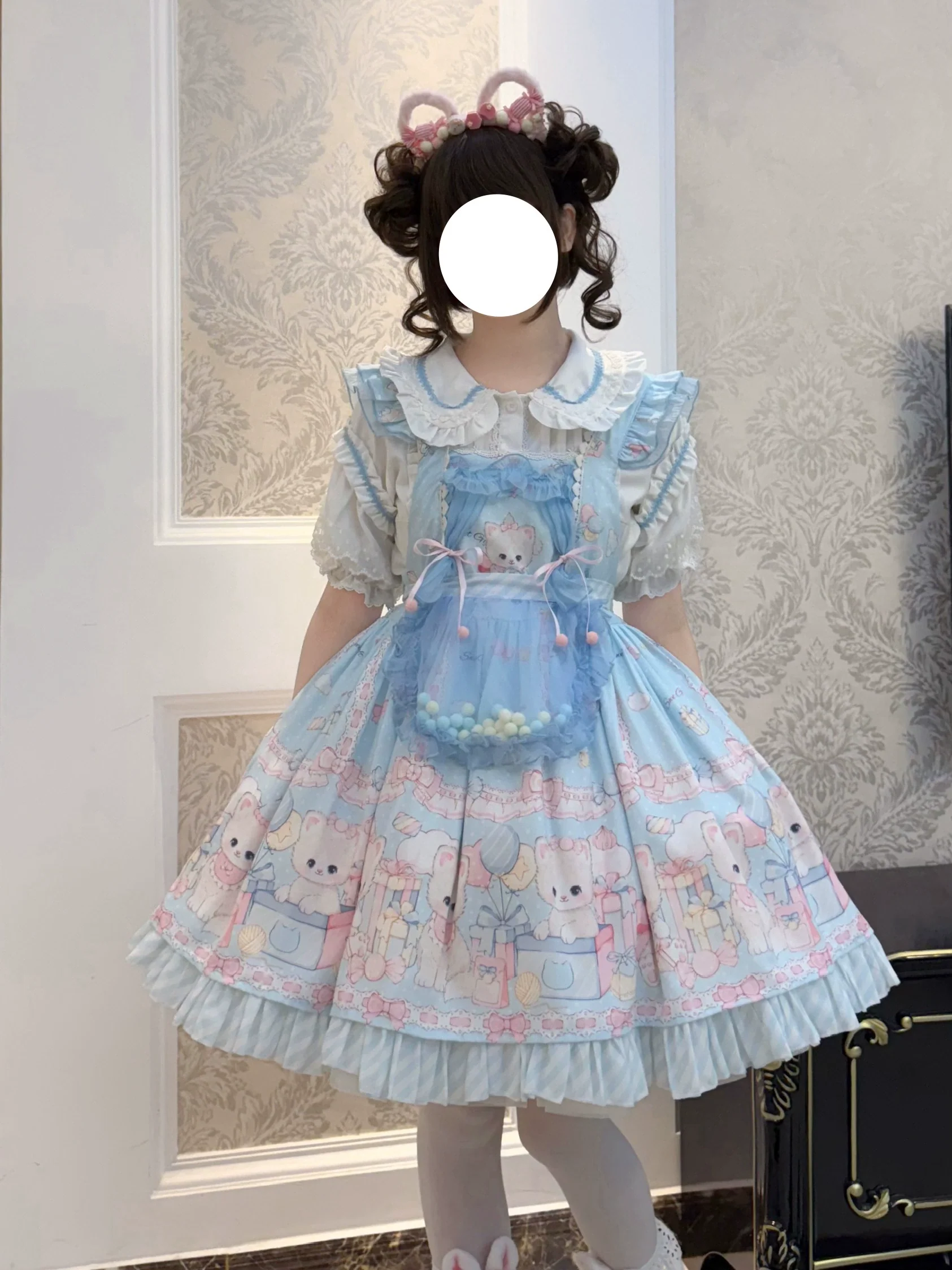 Suiyi - Meow Pompom - Sweet Lolita Salopette Dress Suit, Cat Print - Image 14