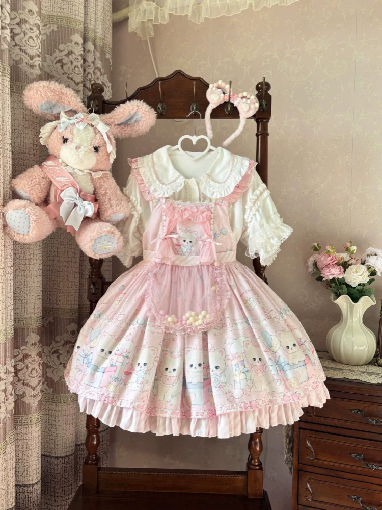Suiyi - Meow Pompom - Sweet Lolita Salopette Dress Suit, Cat Print - Image 19