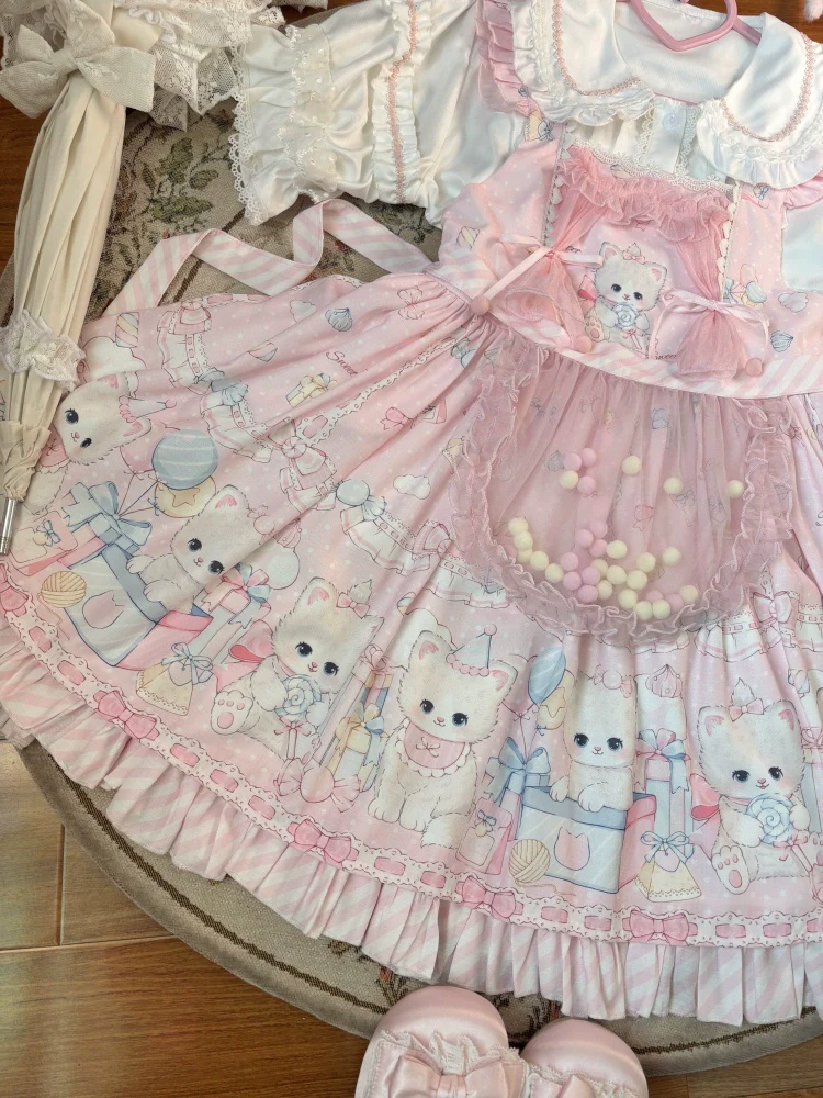 Suiyi - Meow Pompom - Sweet Lolita Salopette Dress Suit, Cat Print - Image 22