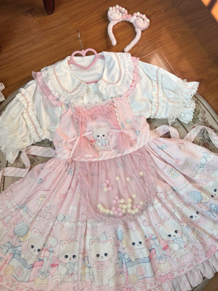 Suiyi - Meow Pompom - Sweet Lolita Salopette Dress Suit, Cat Print - Image 23