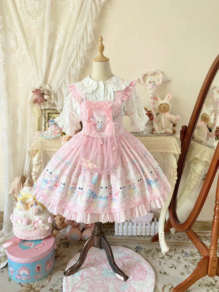 Suiyi - Meow Pompom - Sweet Lolita Salopette Dress Suit, Cat Print - Image 4