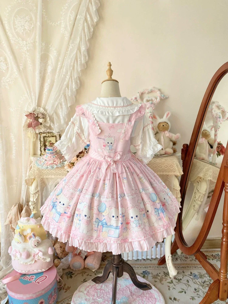 Suiyi - Meow Pompom - Sweet Lolita Salopette Dress Suit, Cat Print - Image 5