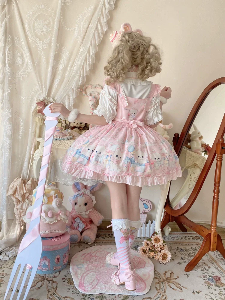 Suiyi - Meow Pompom - Sweet Lolita Salopette Dress Suit, Cat Print - Image 6